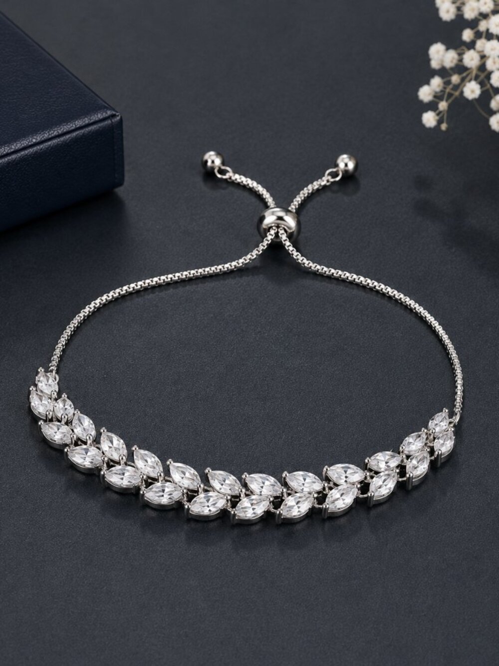 Marquise Simulated Diamond Bolo Tennis Bracelet Silver Tone NWT